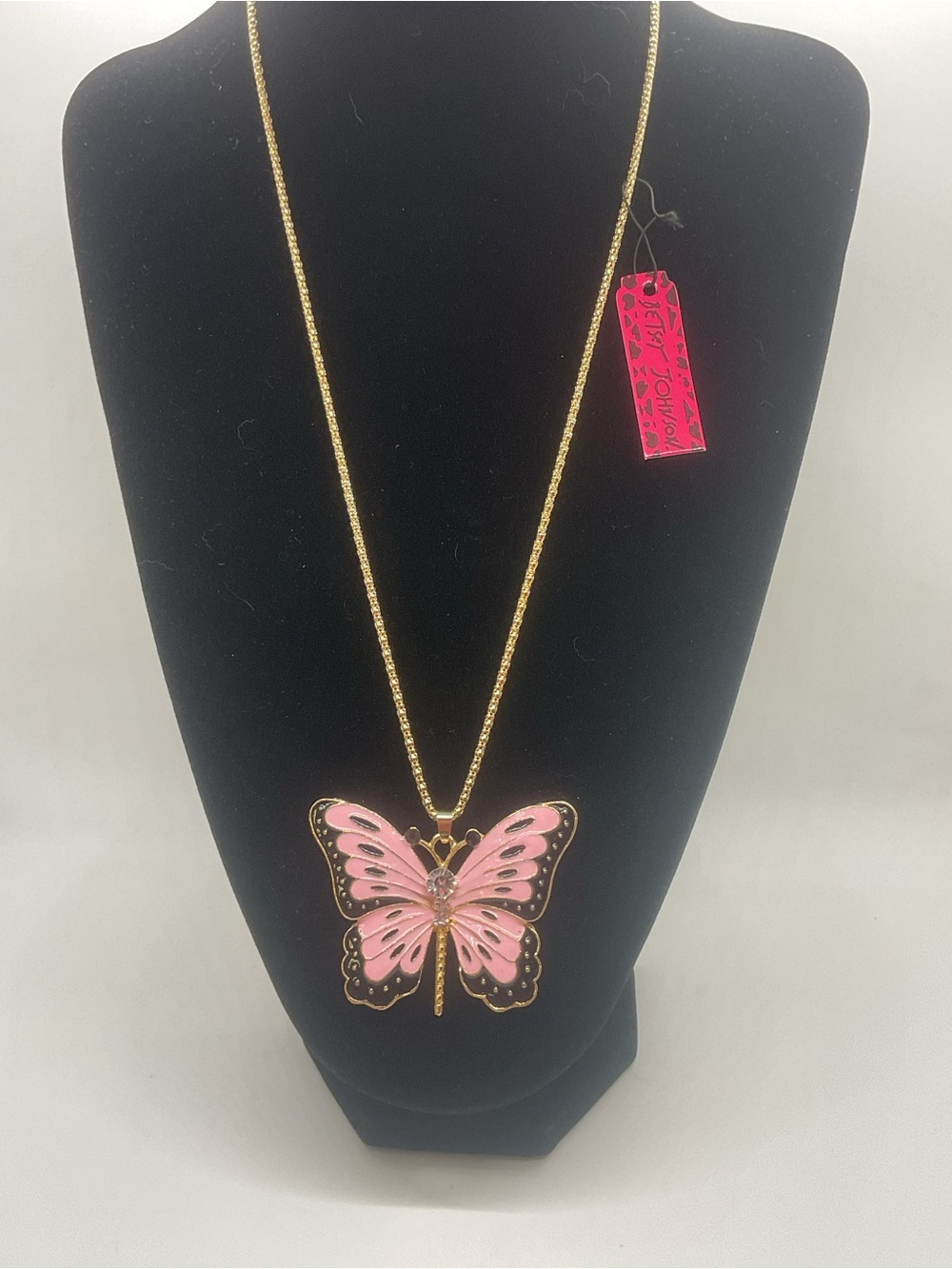 Betsey Johnson Gold-Tone Necklace with Pink Butterfly Pendant